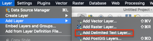 Image is a screenshot that shows Layer and add layer menus of QGIS with add delimited text data highlight