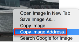 Image is screenshot highlighting the Copy Image Address selection when an image is right-clicked in a GitHub online repository