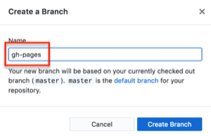 Image is a screenshot highlighting the new branch name gh-pages.