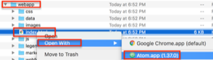 Image is a screenshot demonstrating how to open the file with Atom