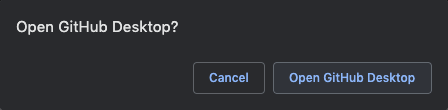 Image is a screenshot of a browser prompt asking "Open GitHub Desktop with options to cancel or open."