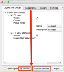 Image is a screenshot showing the Leaflet option and Update preview button