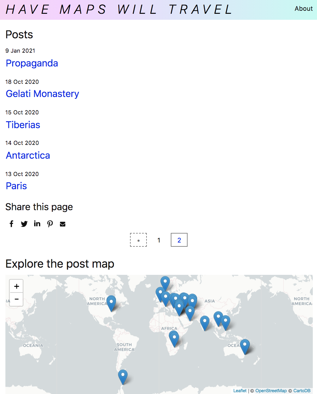 Screenshot of the Home page for Have Maps Will Travel showing the posts on the first page and the posts map